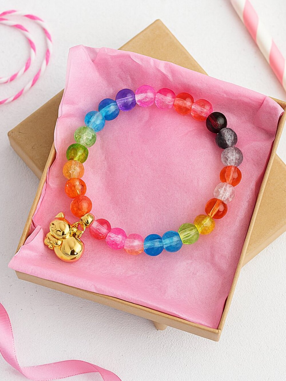 Multicolor Beaded Bracelet w/ Gold Cat Charm